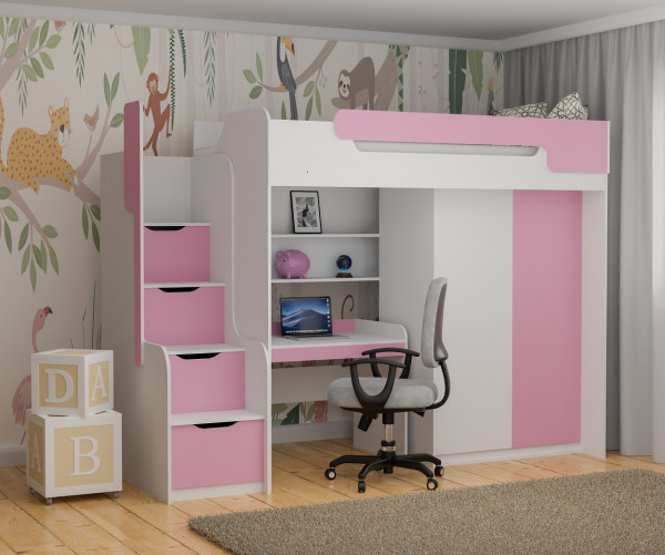 Hochbett DORIAN mit Schreibtisch und Schrank in rosa