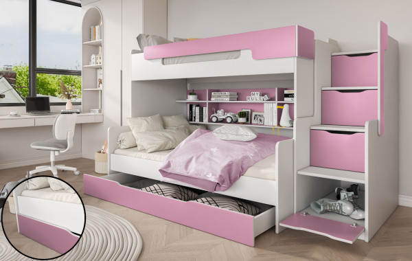 Etagenbett HARRY mit Stauraum-Treppen in pink