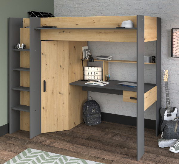 Parisot HEAVY Hochbett mit Schreibtisch und Kleiderschrank
